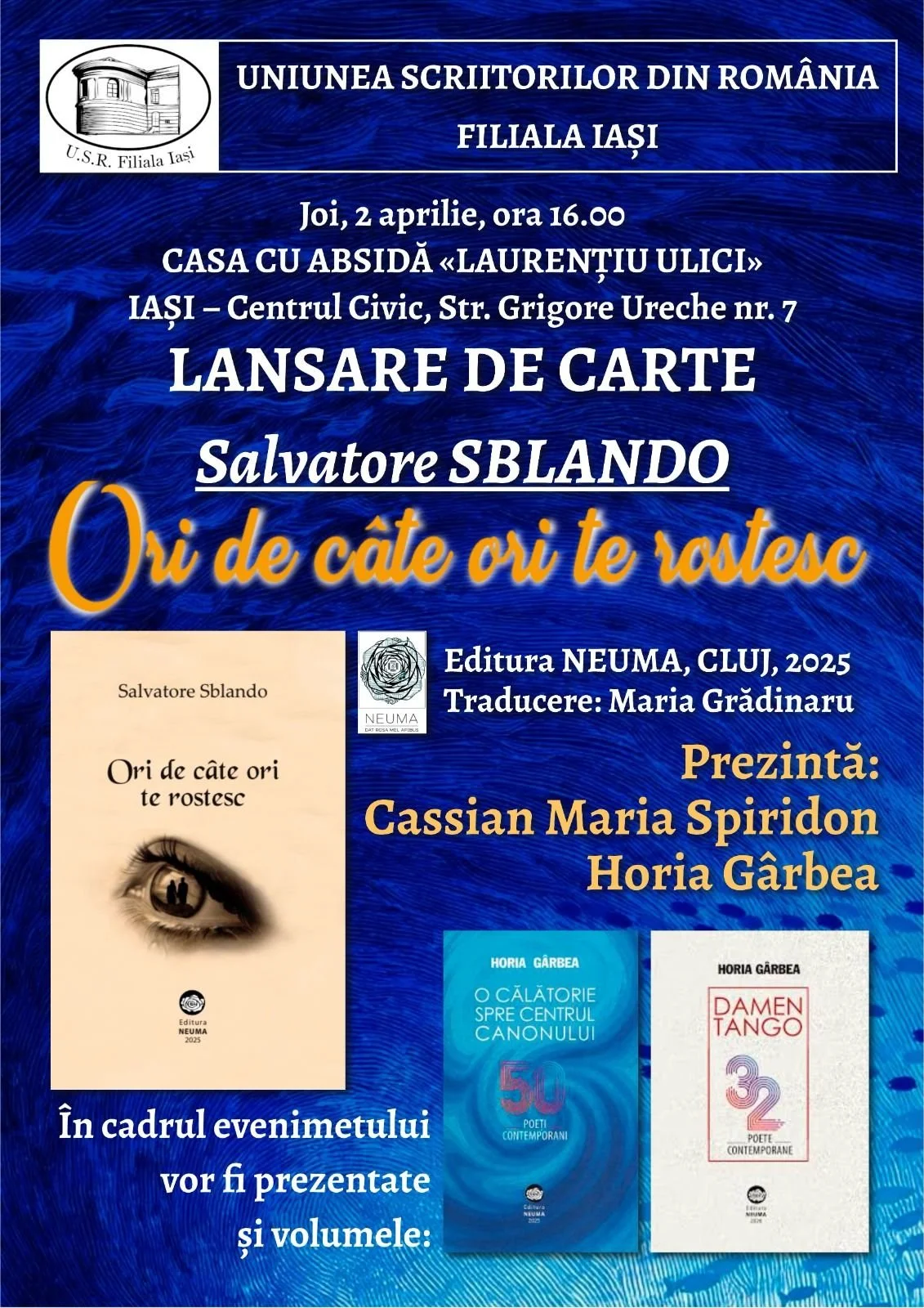 „Ori de câte ori te rostesc”, lansarea volumului lui Salvatore Sblando