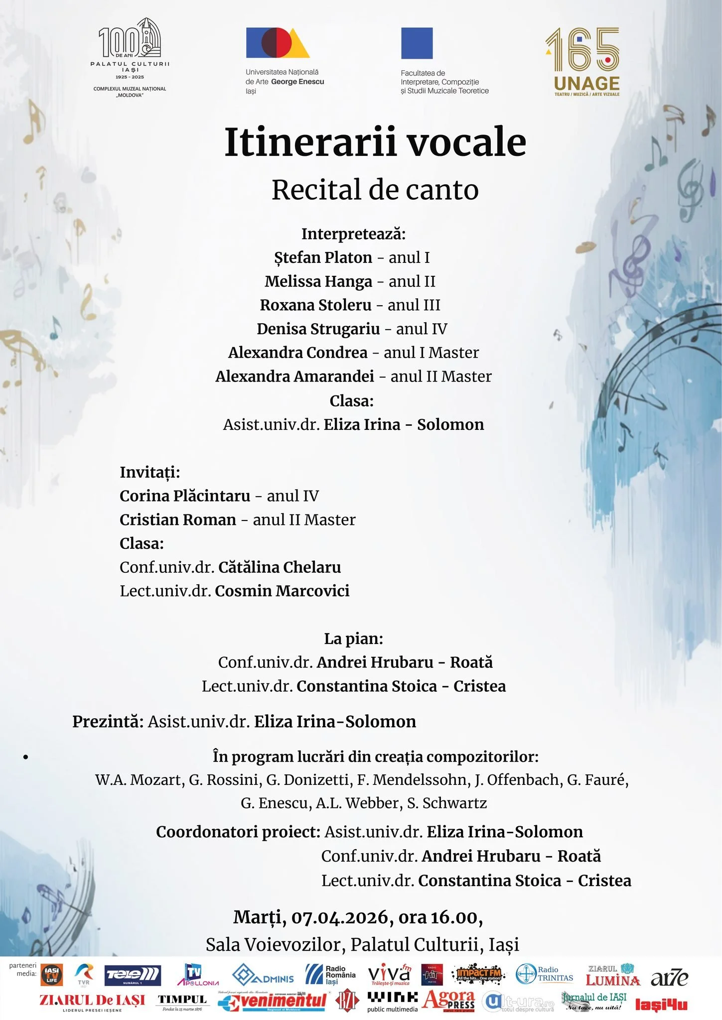 Recital de canto: „Itinerarii vocale”, la Palatul Culturii