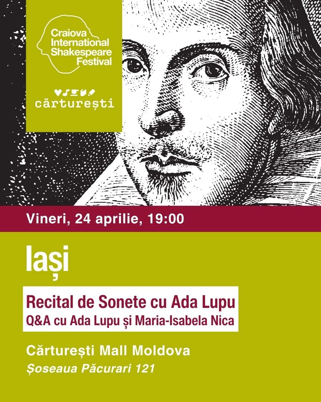 Ada Lupu recită din sonetele lui Shakespeare la Cărturești Mall Moldova