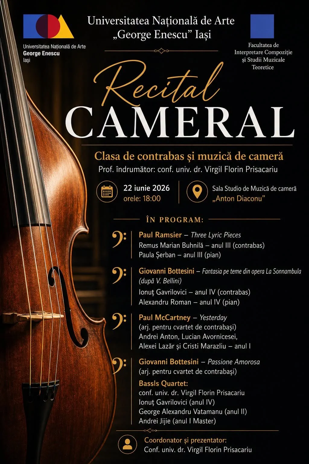 Recital cameral al clasei de contrabas și muzică de cameră, la UNAGE