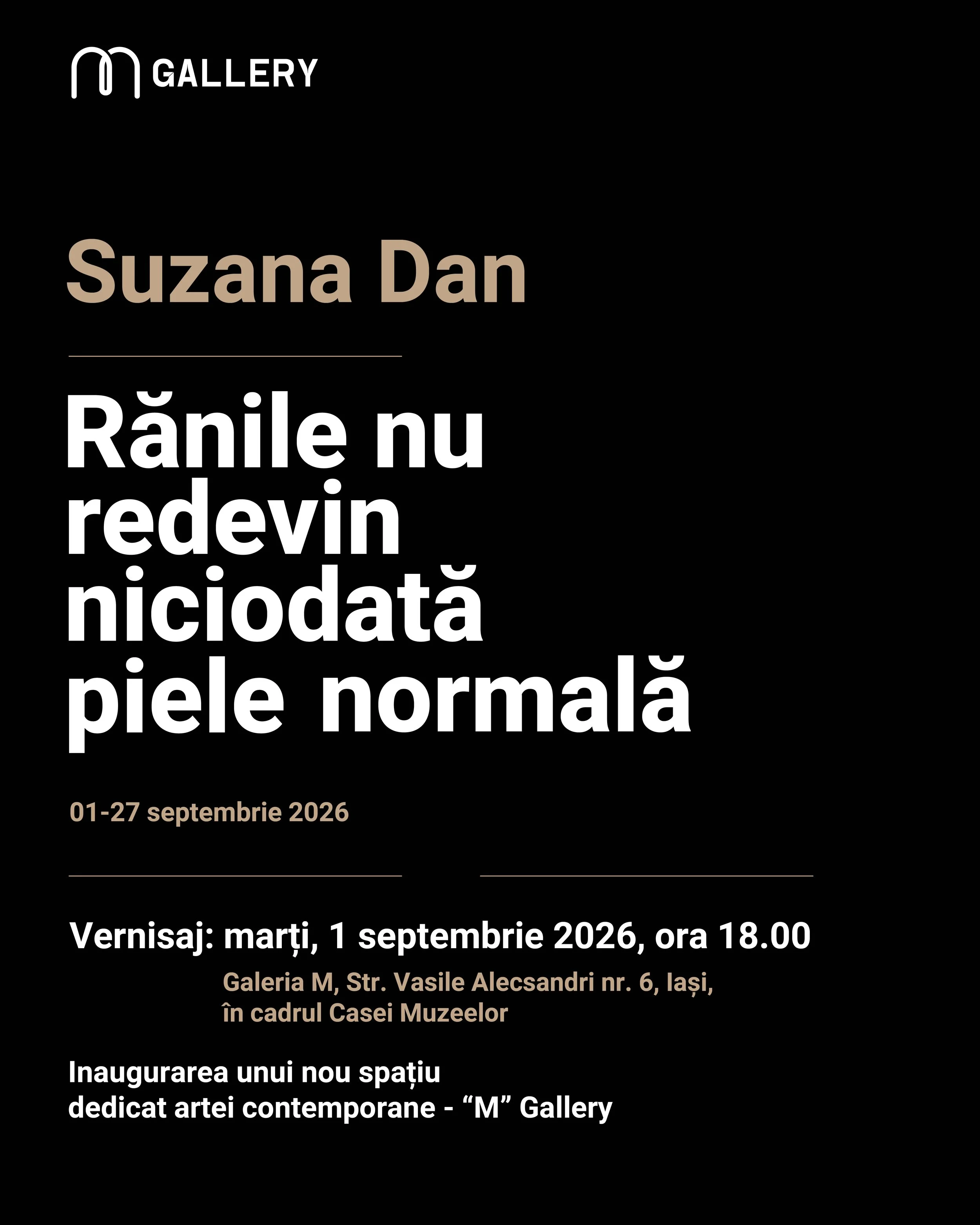Galeria M de la Casa Muzeelor se deschide cu o expoziție semnată de Suzana Dan