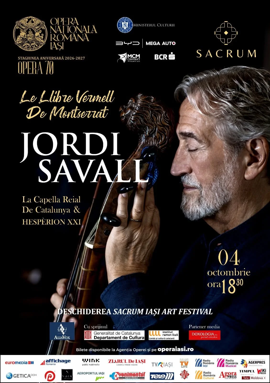 Concert Jordi Savall în cadrul festivalului SACRUM, în 4 octombrie