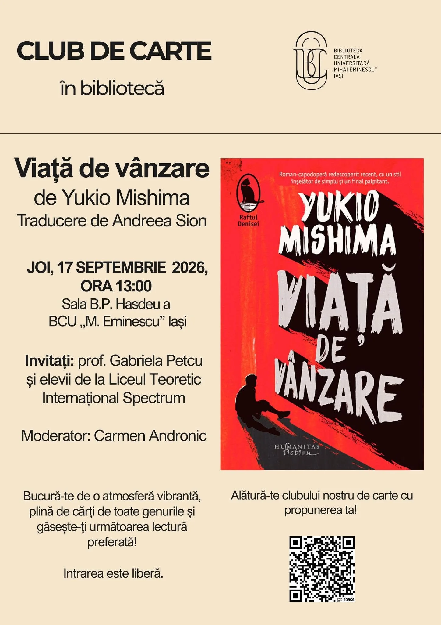 Club de carte în bibliotecă: „Viață de vânzare” de Yukio Mishima, în 17 septembrie