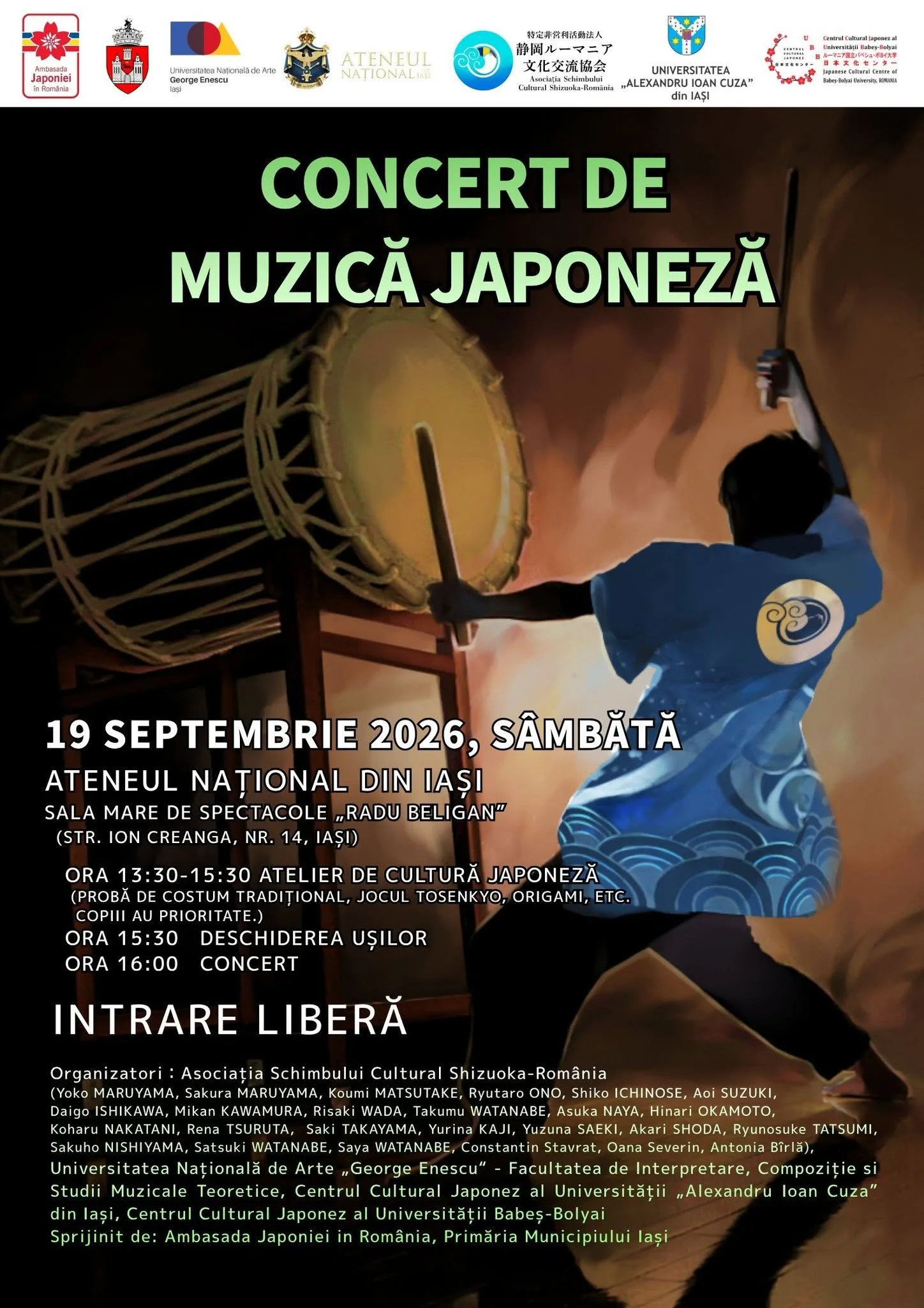 Concert de muzică japoneză și atelier de cultură japoneză, 19 septembrie, la Ateneul Național Iași