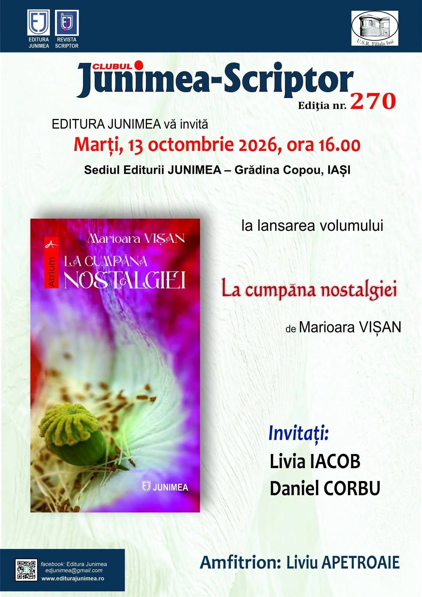 Lansare de carte: „La cumpăna nostalgiei” de Marioara Vișan, la Editura Junimea