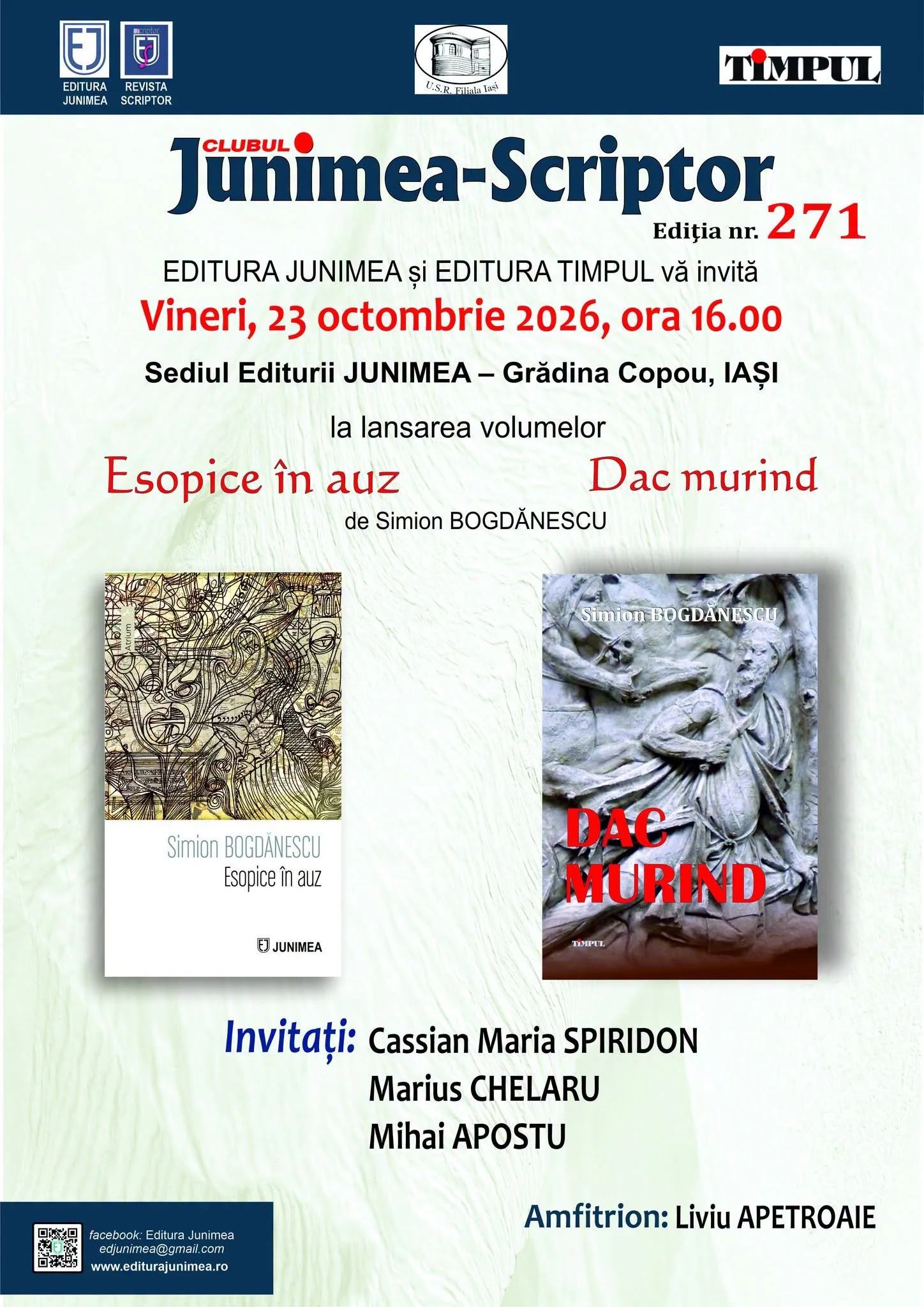 Dublă lansare de carte la Editura Junimea în 23 octombrie
