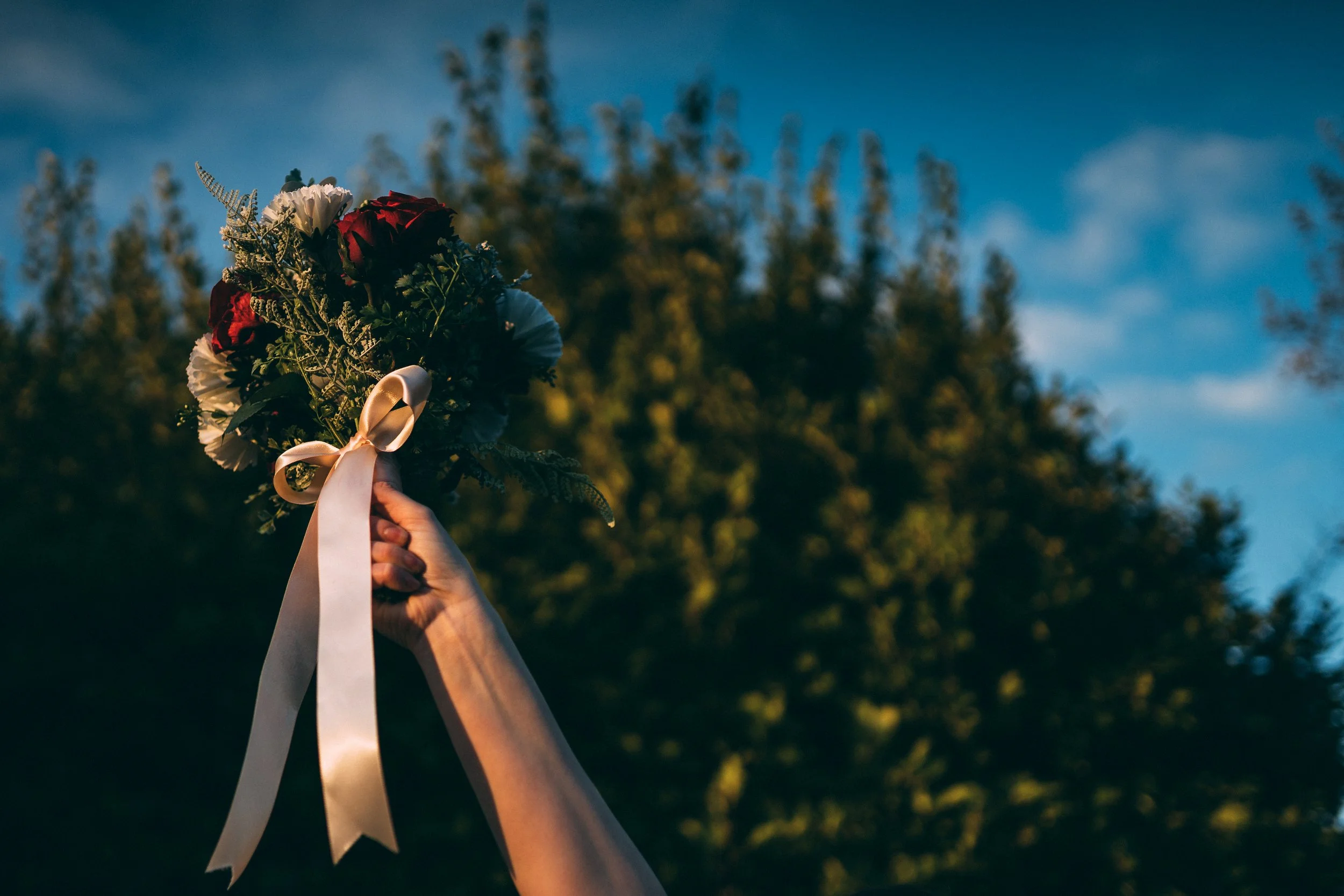 Person holding a bouquet of flowers with a sky and trees in the background.