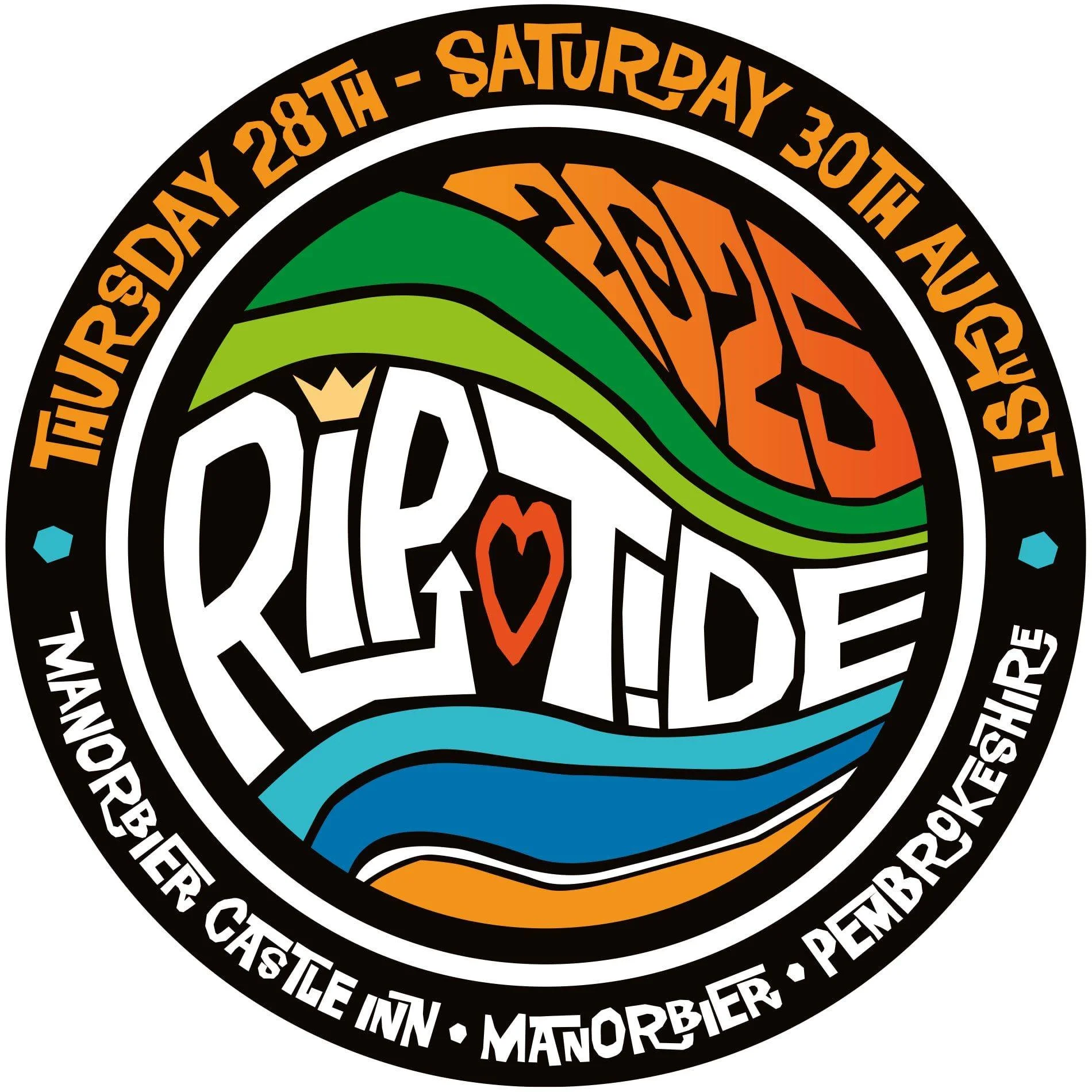Colourful circular logo for an event, featuring a rainbow, waves, and the words RIPTIDE FESTIVAL with additional event details around the circumference.