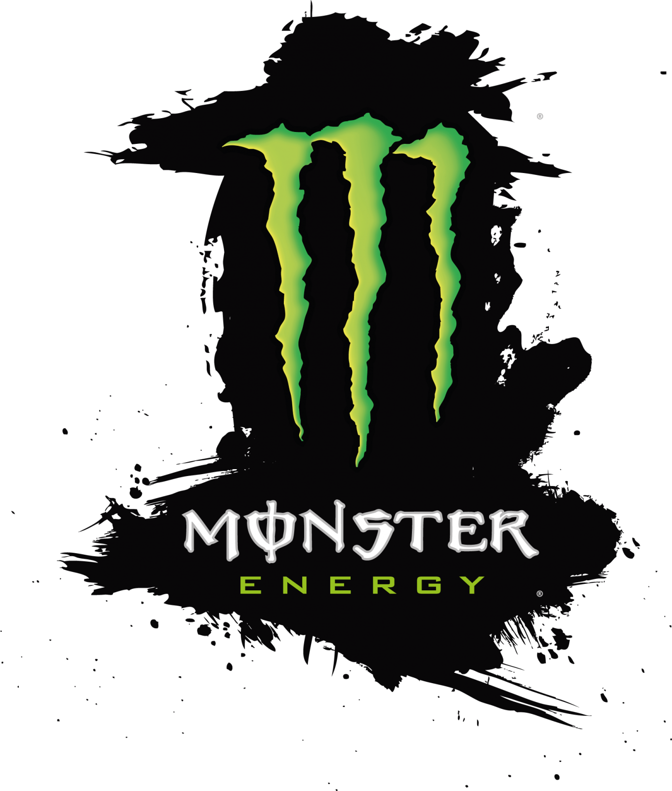 Monster Energy logo with a black background, featuring three green claw marks above the words "Monster Energy" in white and green text.