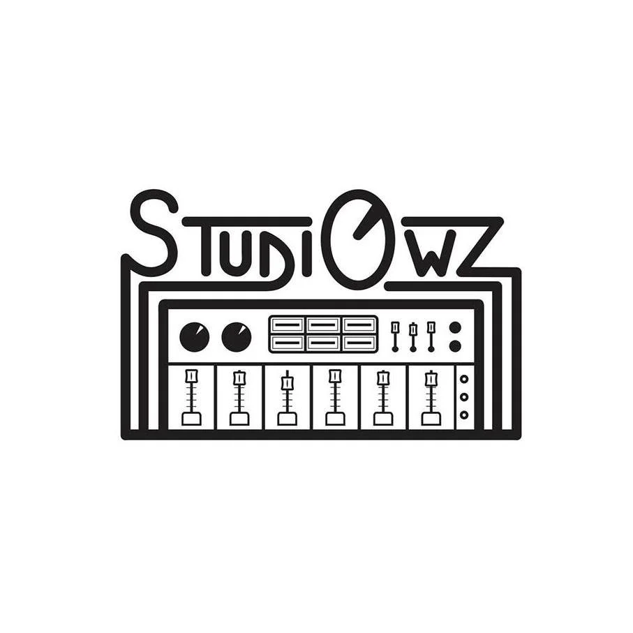 Line drawing of a music studio with the word "STUDIOWZ" and a clock, featuring audio equipment including mixers, sliders, and knobs.