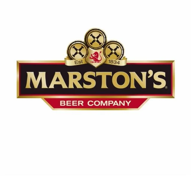 Marston's Beer Company logo with three gold medals, a red lion crest, and the text 'Marston's Beer Company' in black, gold, and red.