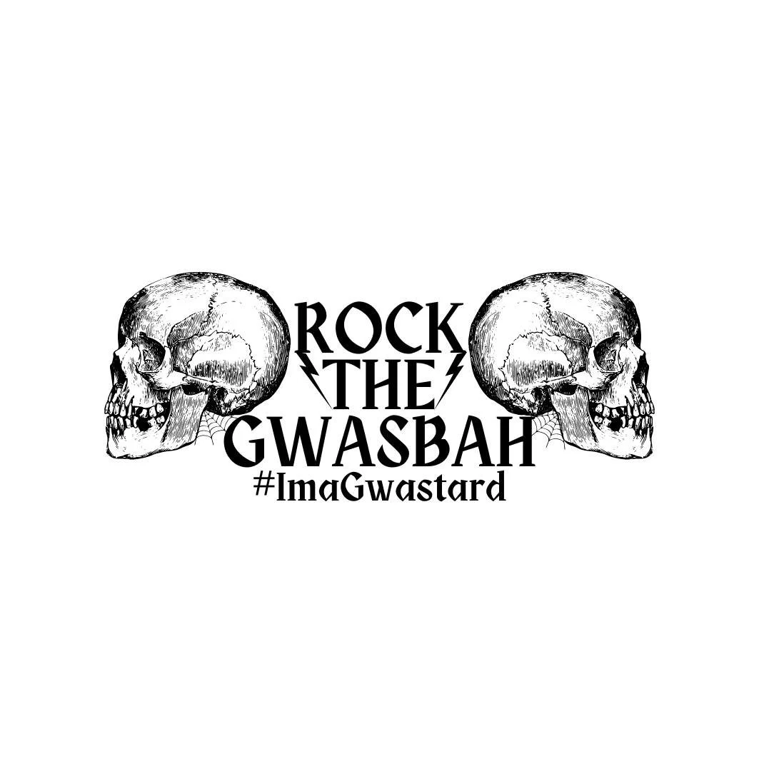 Black and white graphic with two skulls and the text "Rock the Gwasbah" festival logo.
