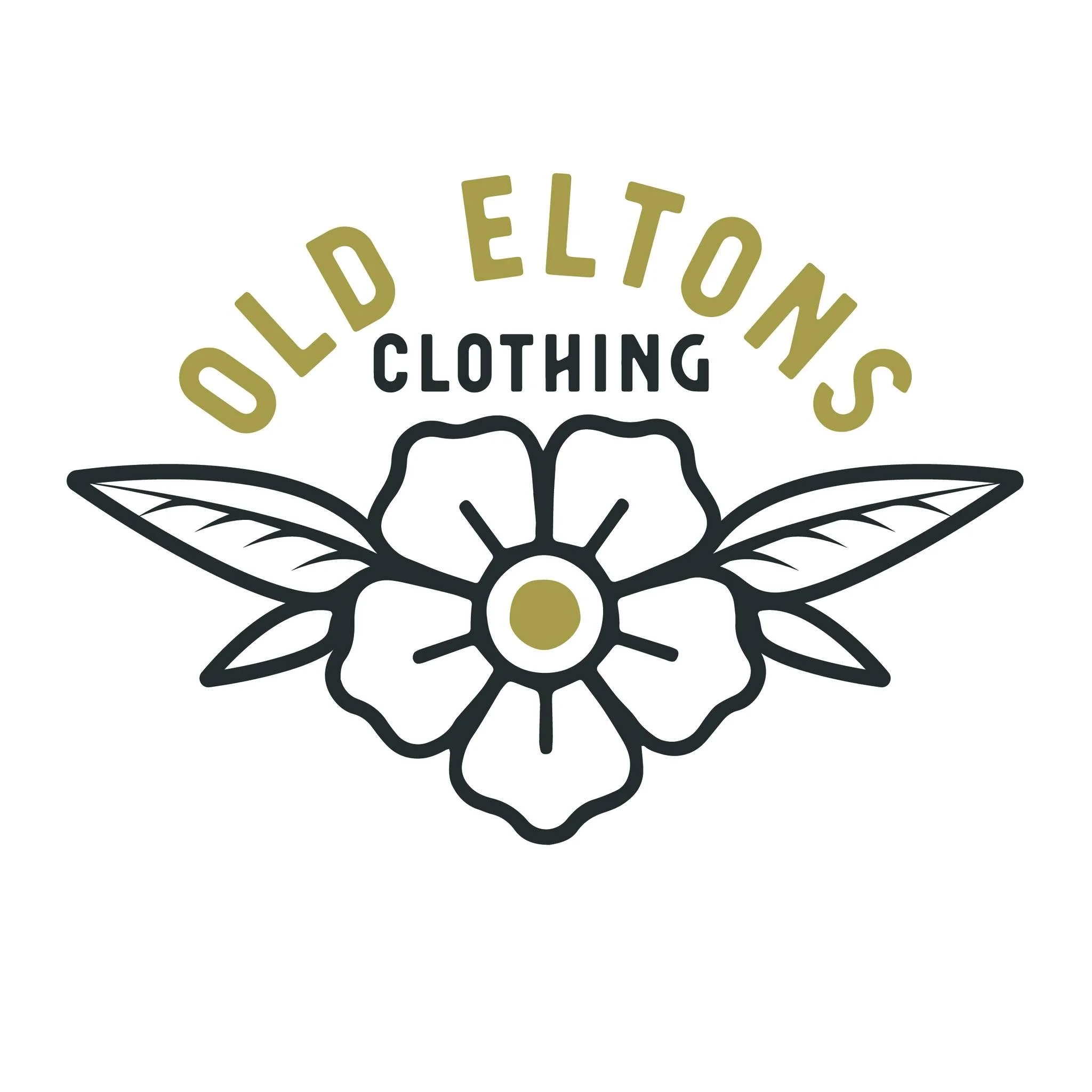 Logo for Old Eltons Clothing featuring a black outline flower with green leaves and yellow accents, with the brand name in gold and black text.