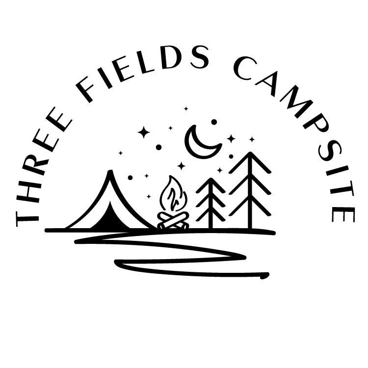 Night time camping scene with a tent, campfire, pine trees, stars, and a crescent moon, with the text 'Three Fields Campsite' arched above.