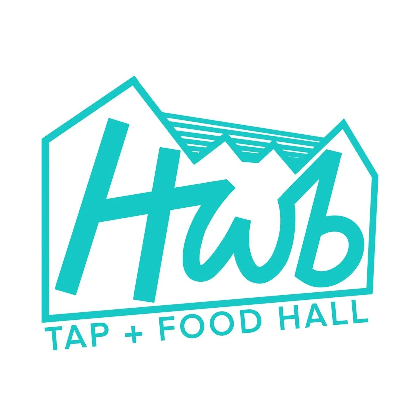 Logo for Hwb Tap + Food Hall with stylized text and roof graphic.