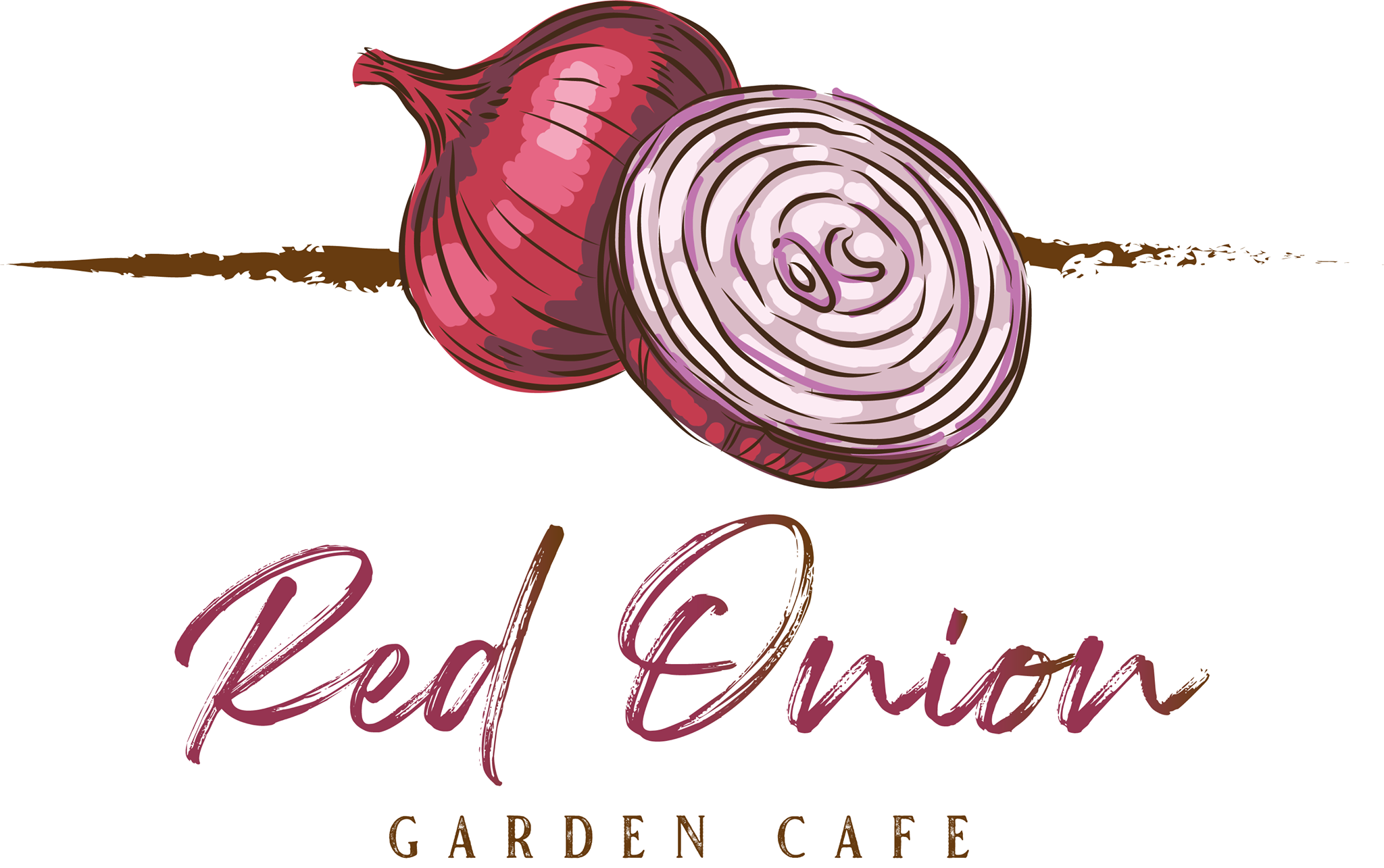 Illustration of a whole red onion and a sliced half showing layers, with the text "Red Onion Garden Café" below it.