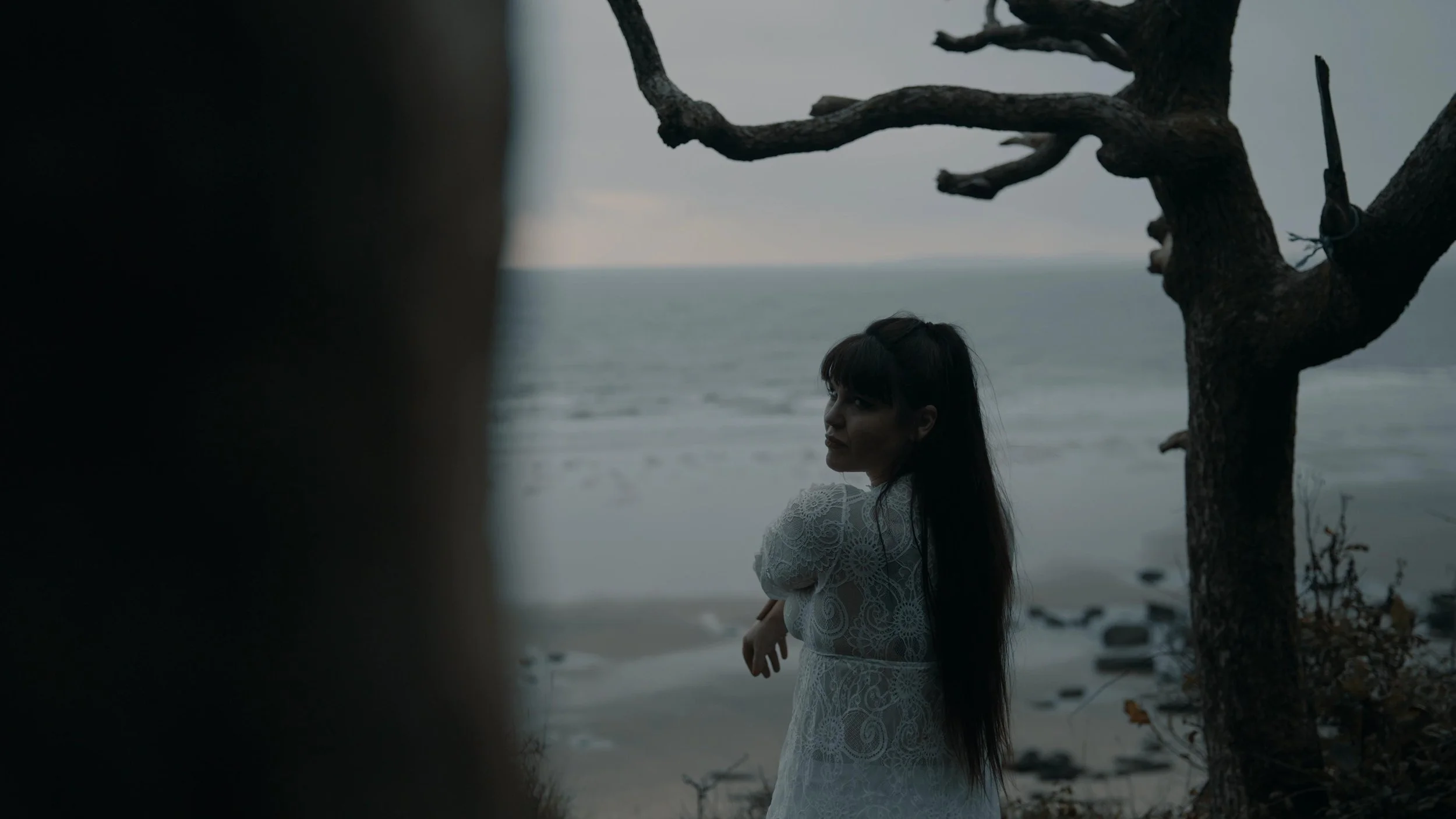 A woman with long dark hair wearing a white lace dress standing near the beach with a tree in the foreground, looking over her shoulder at the ocean during dusk or dawn. Promotional Music Photography.