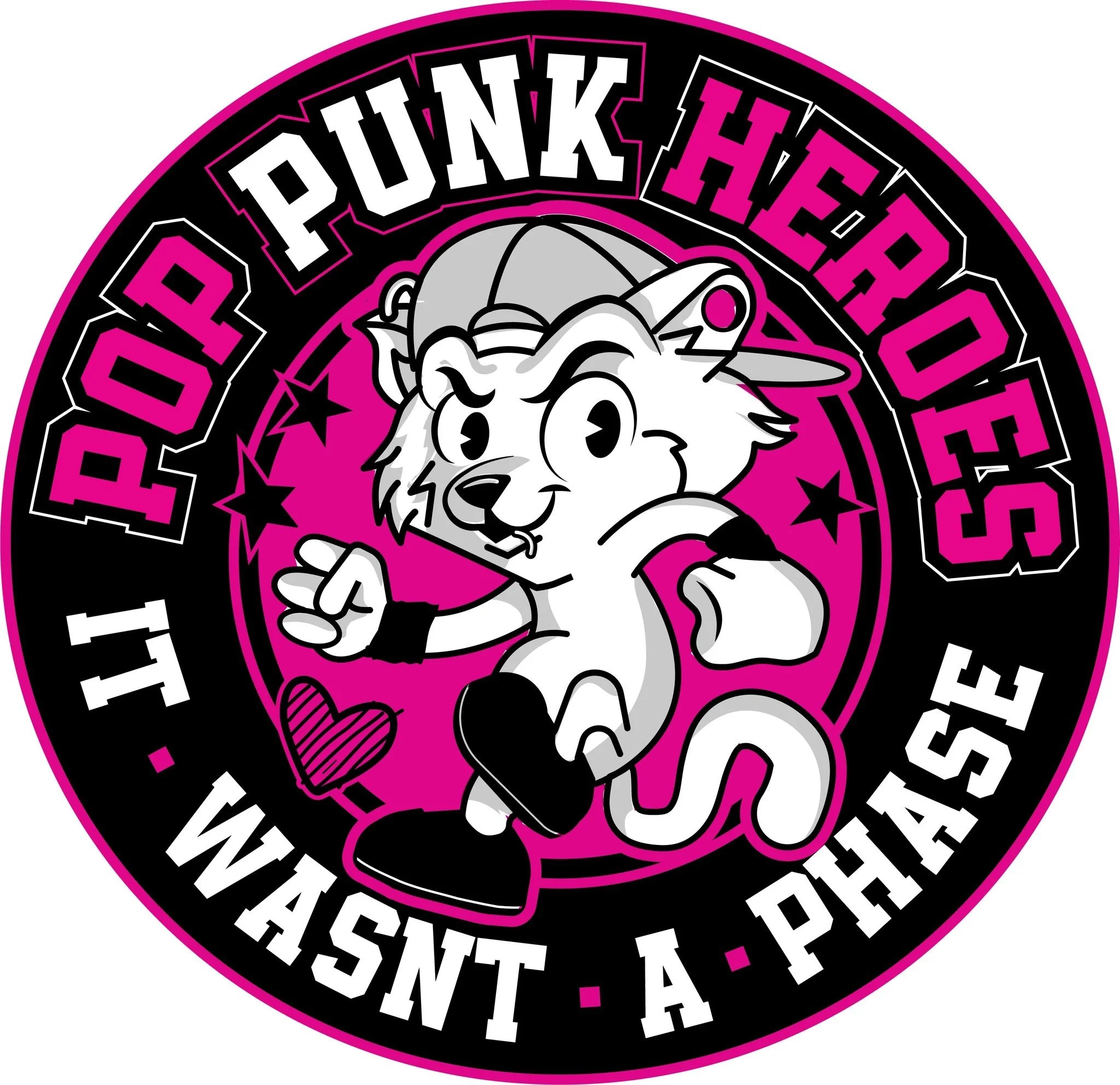 A cartoon cat wearing sunglasses, a baseball cap, and sneakers, standing in a running pose with a friendly expression. The image has a pink, black, and white colour scheme with text around the border that reads: 'POP PUNK HEADRODE IT! WSN T A PHASE'.
