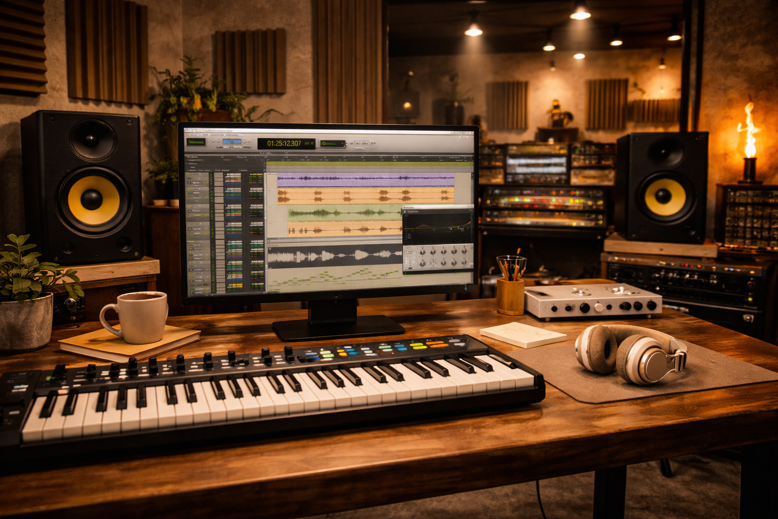 Music production studio with a computer displaying audio editing software, a MIDI keyboard, studio monitors, headphones, and various audio equipment.