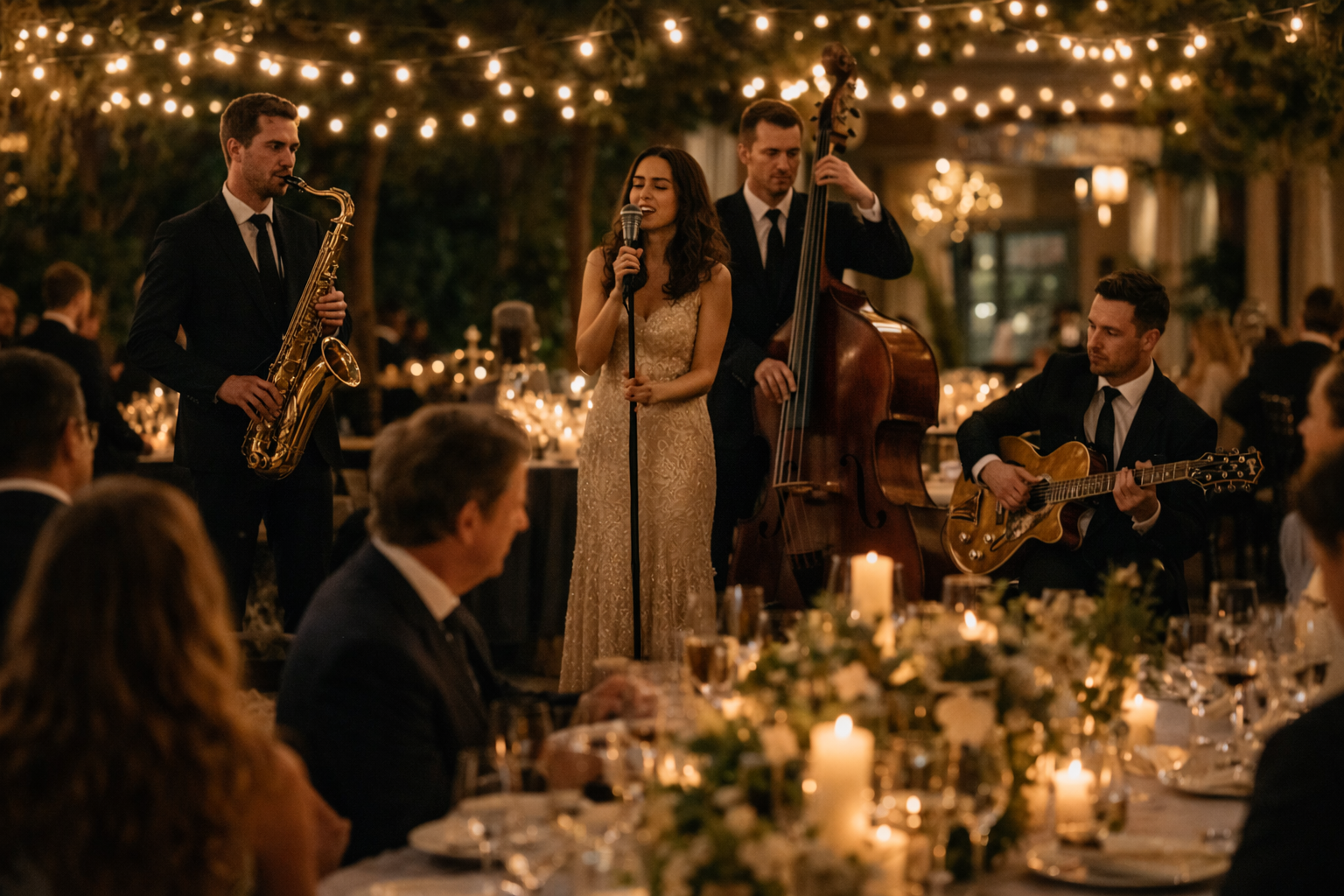 A band performing live at a wedding reception in an elegant indoor setting with string lights, surrounded by seated guests at decorated tables with candles and floral centerpieces.