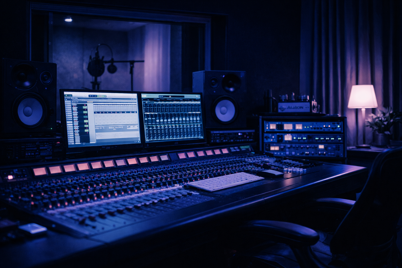Recording studio with computer screen, audio mixing console, studio monitors, and audio equipment in a dimly lit room.