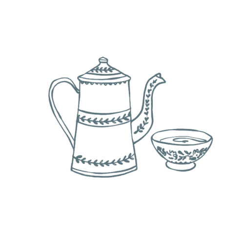Line drawing of a teapot and a bowl on a black background.
