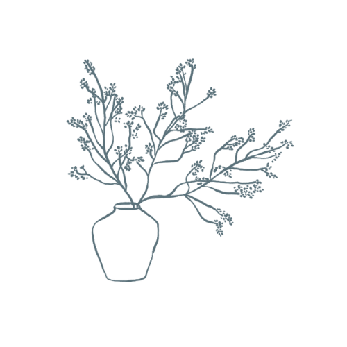 A simple line drawing of a potted plant with numerous branches and small flowers against a black background.