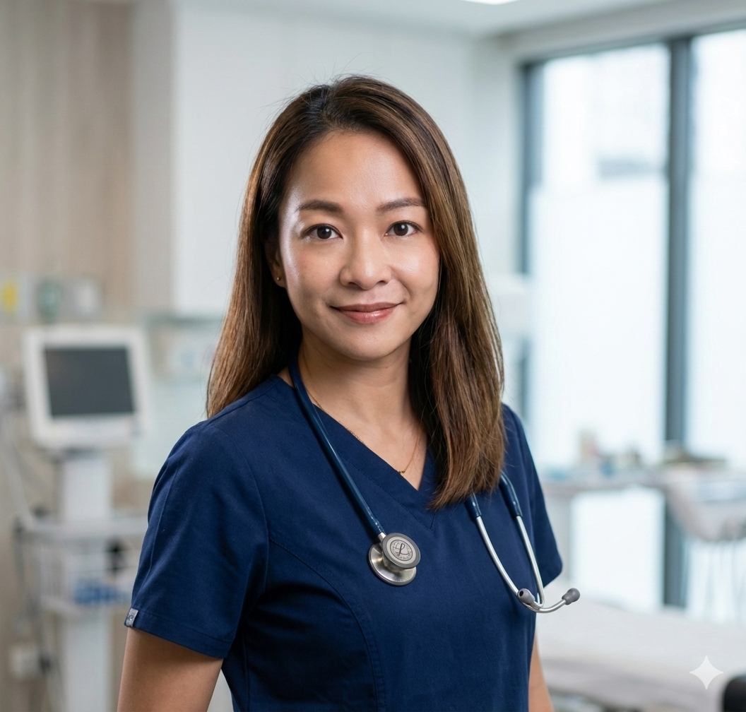 A female nurse in navy scrubs with a stethoscope around her neck standing in a hospital room.