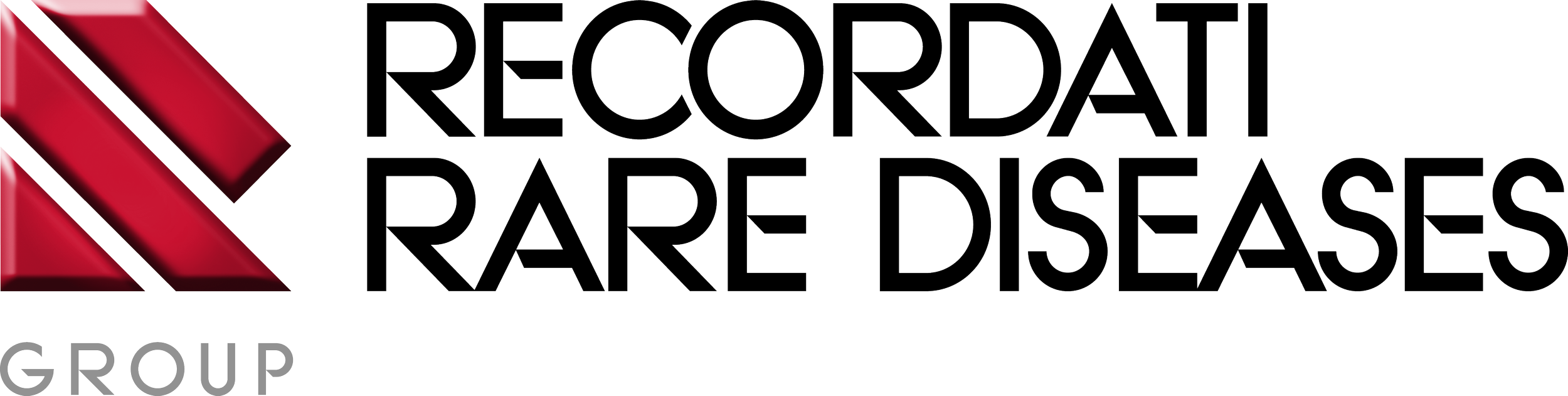 Logo for Rare Diseases Group with stylized red and black ribbon icon and black and gray text.