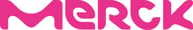 Close-up of the Merck logo in pink and white letters on a white background.