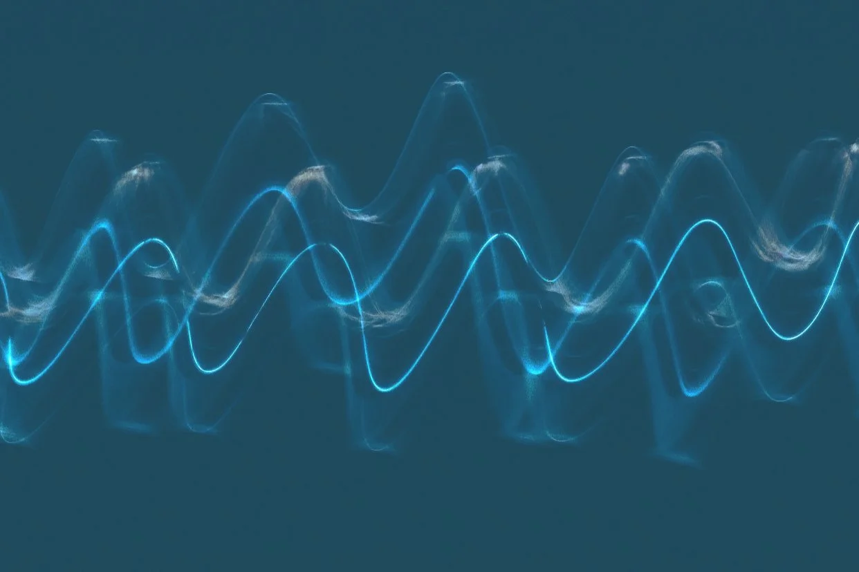 Blue digital waveform lines on a dark background.