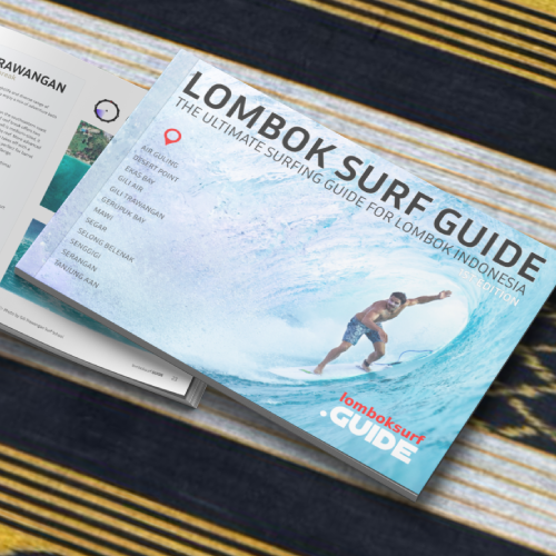 The Lombok Surf Guide cover and a second copy showing the Gili Trawangan surf spot section on top of a sasak style Lombok Blanket