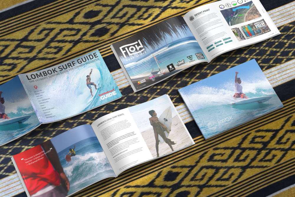The Lombok Surf Guide open on a sasak style Lombok blanket showing different views of the Lombok Surf Guide