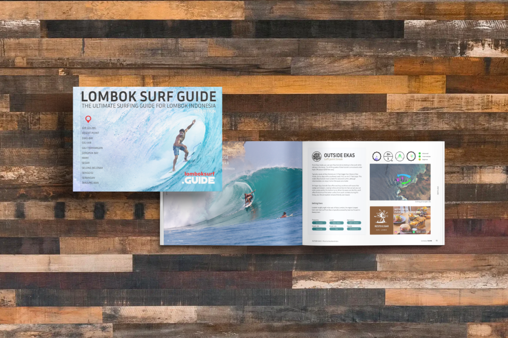 The Lombok Surf Guide open on a wooden surface, showing the cover and a second copy open to the Outside Ekas section