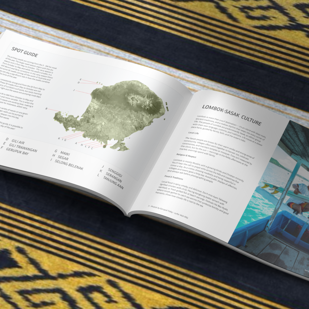 The Lombok Surf Guide open to a map of Lombok's surf locations on a sasak style Lombok blanket