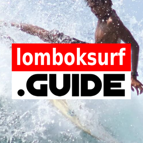 The Lombok Surf Guide logo 'lomboksurf.guide' over the background of a surfer doing a surf manoeuvre