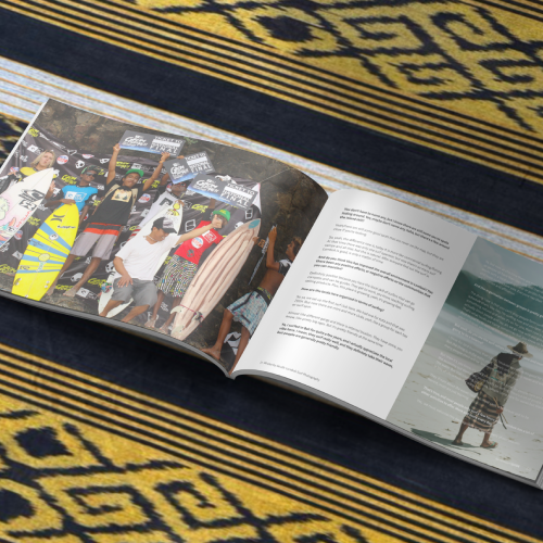 A photo of the finalists of a surf competition in Lombok in the Lombok Surf Guide, set on a sasak style Lombok blanket