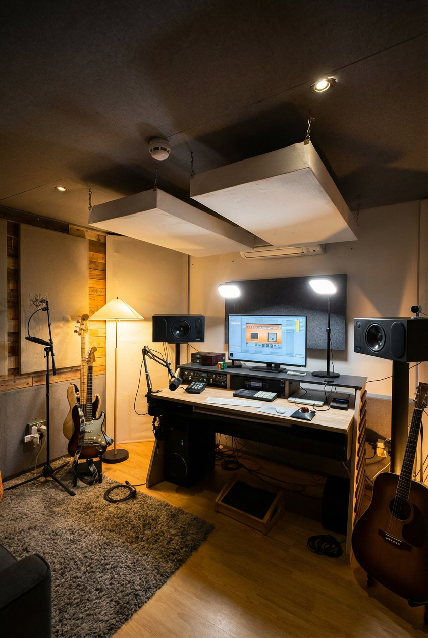 A music studio with a computer monitor, studio speakers, microphones, a guitar, and acoustic panels.