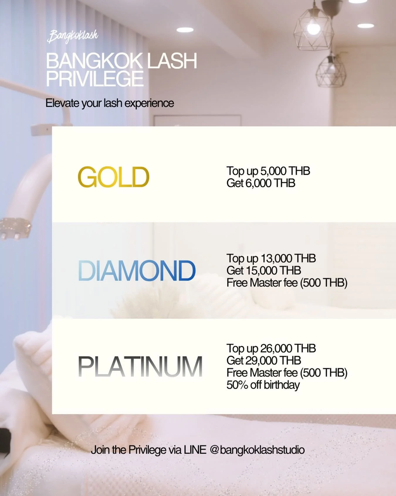 📢 ที่ร้านมี Membership แล้วค่า ใช้ได้ยาวๆ สำหรับท่านใดที่ต่อขนตาเป็นประจำ คุ้มมาก🥰 

✨ Bangkok Lash Privilege✨
รับเครดิตเพิ่ม พร้อมสิทธิพิเศษเฉพาะสมาชิก Enjoy bonus credits and exclusive member privileges

💎 Gold 5,000฿ รับ 6,000฿
💎 Diamond 13,00