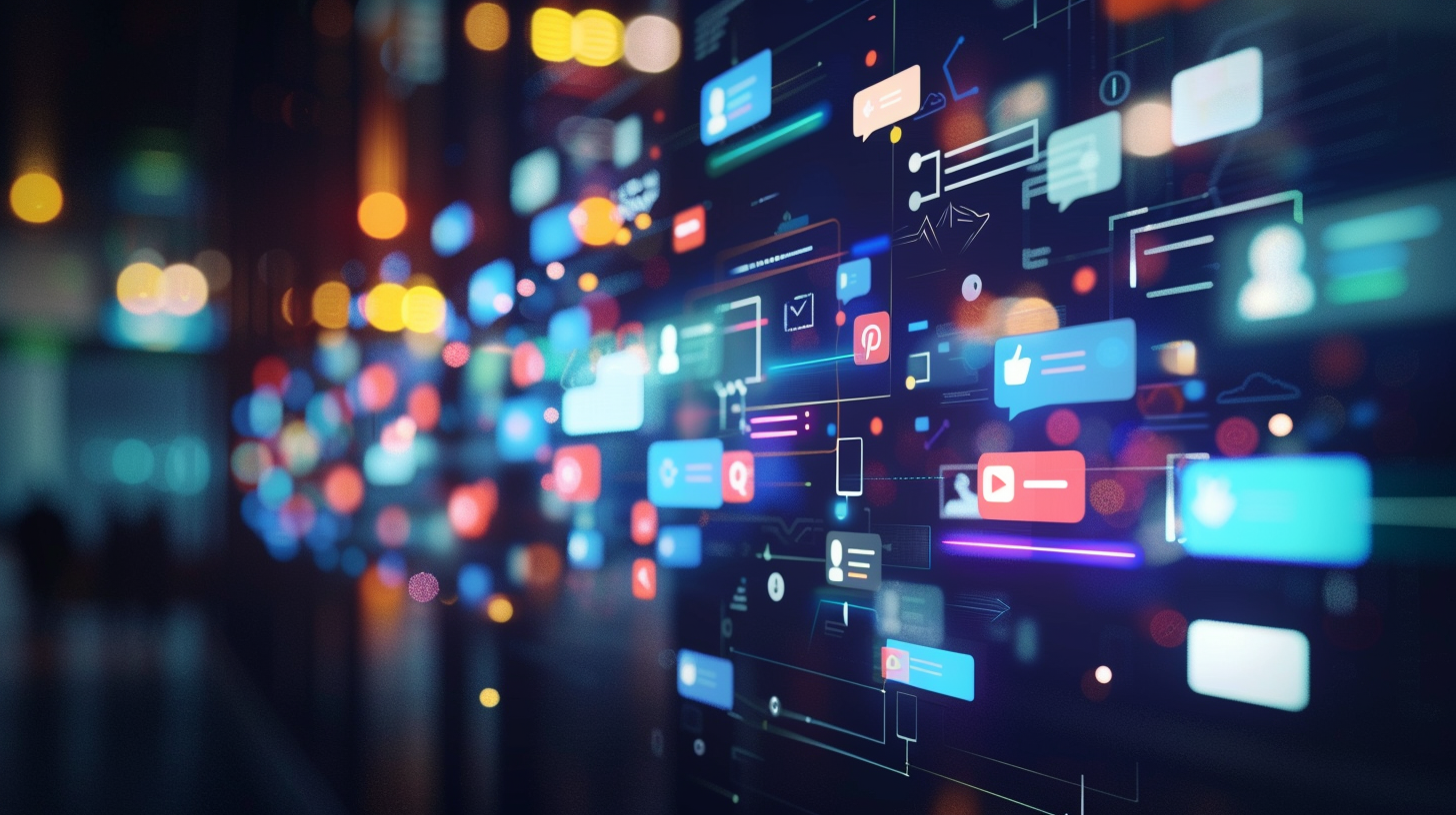 Digital illustration of various social media icons and notifications floating on a dark background, representing online communication.