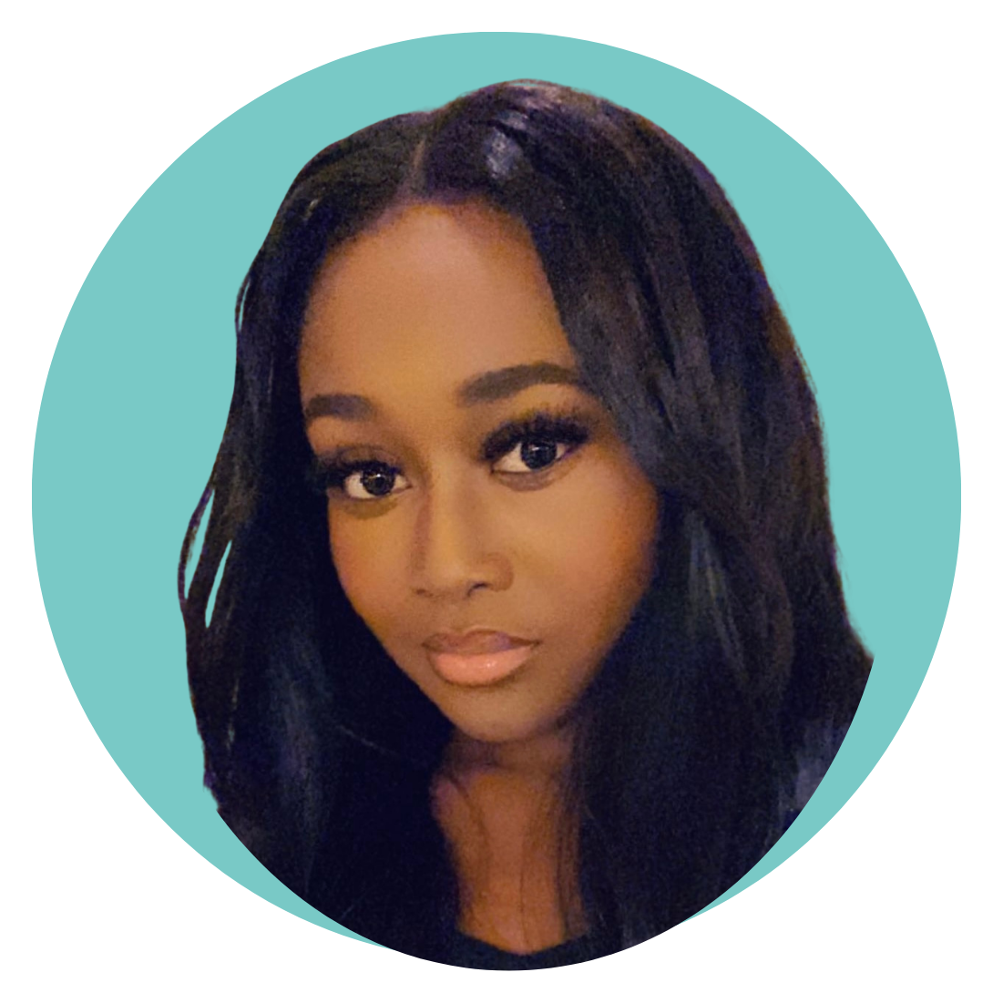 A woman with long black hair, styled in loose waves, looking directly at the camera with a slight smile, against a light teal circular background.