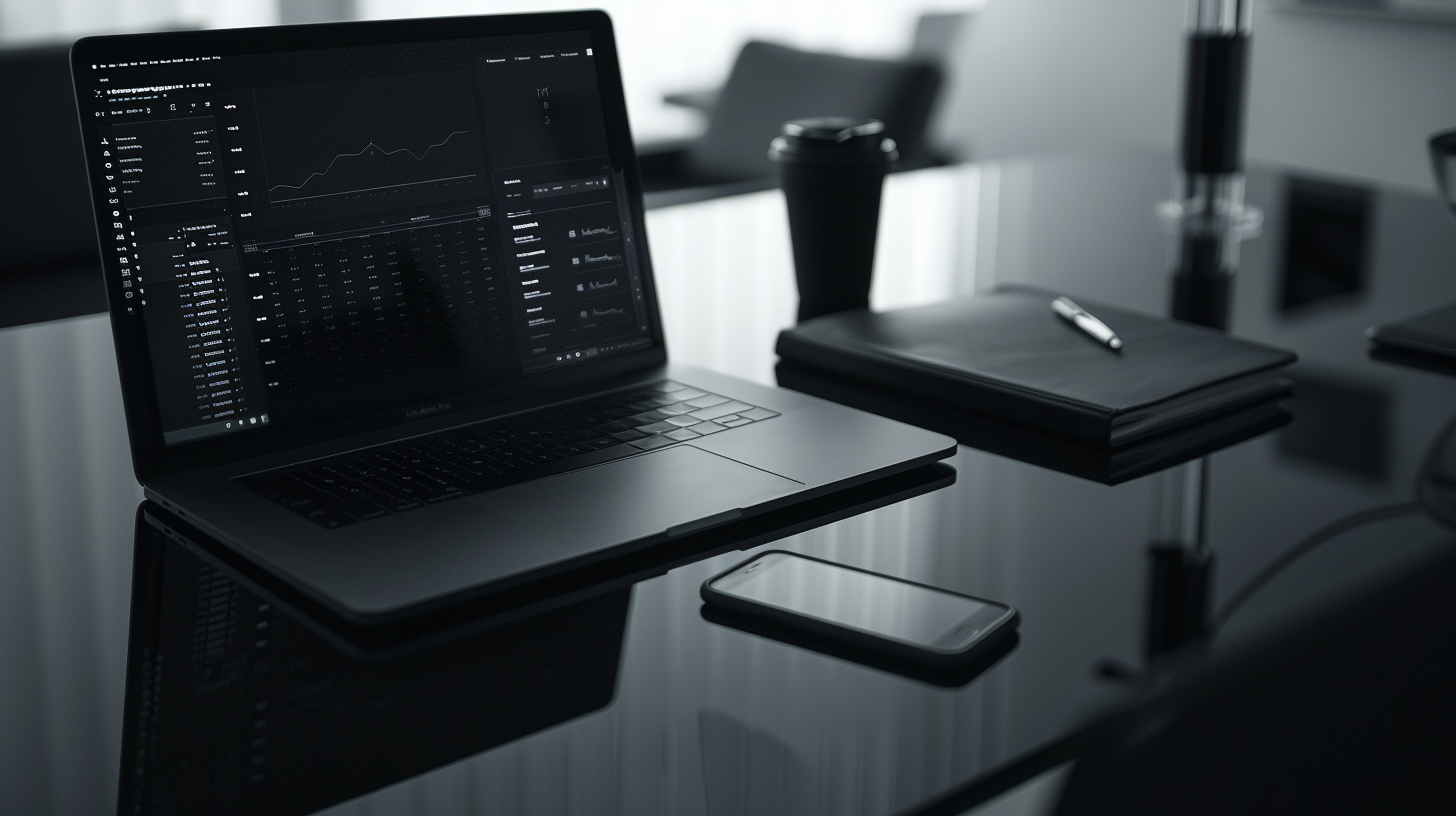 A laptop computer on a glass table displaying financial charts and data, with a smartphone, a closed notebook with a pen, a coffee cup, and some office supplies nearby.
