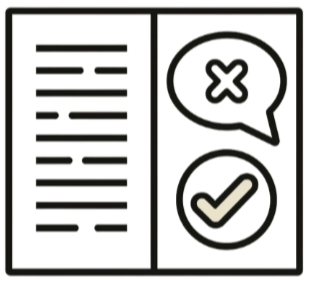 Icons of a document, a speech bubble with an X, and a checkmark inside a circle.