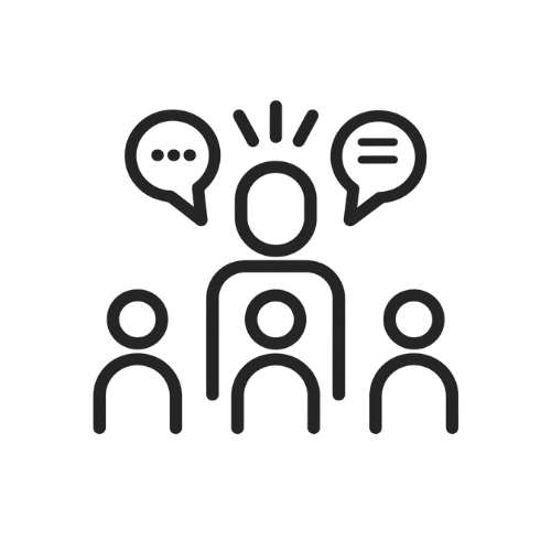 Icon of a person speaking to three other people, with speech bubbles indicating discussion or conversation.