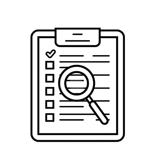 Line drawing of a clipboard with a checklist and magnifying glass