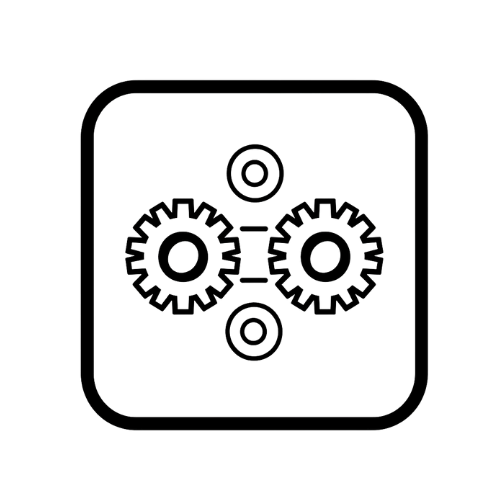Icon representing interconnected gears inside a square with rounded corners.