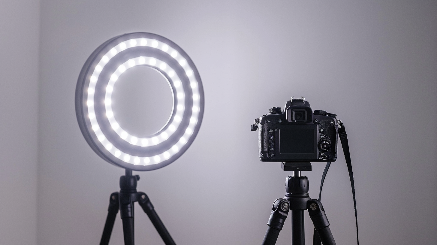 Camera on tripod pointed at circular LED ring light on tripod against plain gray background.