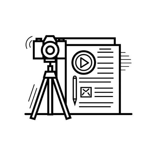 Outline illustration of a camera on a tripod, a video play button, a pen, an envelope, and several sheets of paper