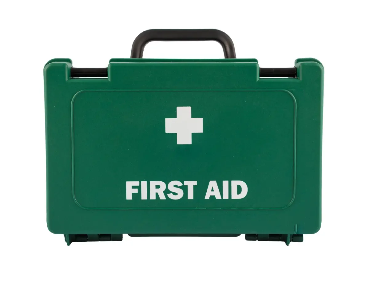 A green first aid kit with a white cross and the words 'First Aid' written on the front.