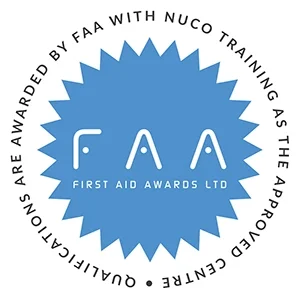Blue circular badge with a jagged edge, featuring the text 'FIRST AID AWARDS LTD' in the center. Surrounding the badge, the text reads 'QUALIFICATIONS ARE AWARDED BY FAA WITH NUCO TRAINING AS THE APPROVED CENTRE.'